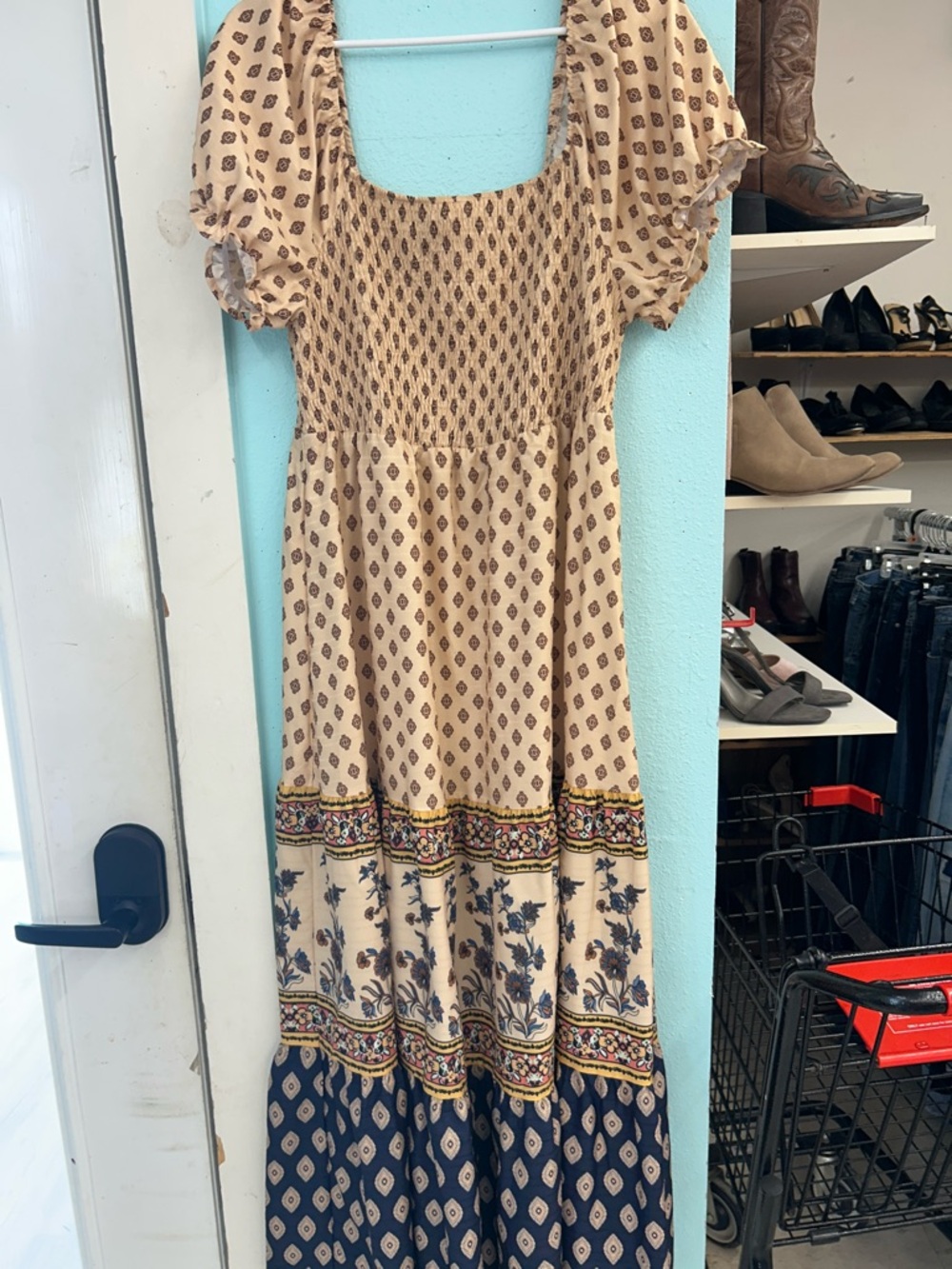 Shein Tiered Smocked Midi Dress in Beige and Navy